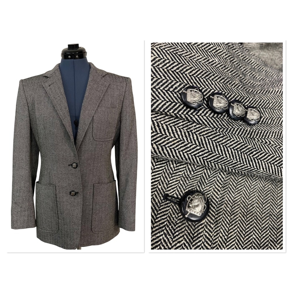 Lauren Ralph Lauren Womens Herringbone Silk Wool‎ Blazer Black Crest Buttons 6